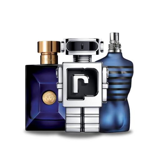 Pack of 3 Perfumes: Versace DYLAN BLUE, Paco Rabanne PHANTOM, and Jean Paul Gaultier ULTRA MALE (Eau de Parfum)