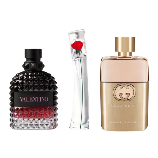 Pack of 3 Perfumes: Gucci Guilty, Valentino Uomo Intense, and Flower By Kenzo (Eau de Parfum)