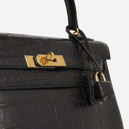 Hermès Kelly 32 – Noir Alligator Mississippiensis | Gold Hardware