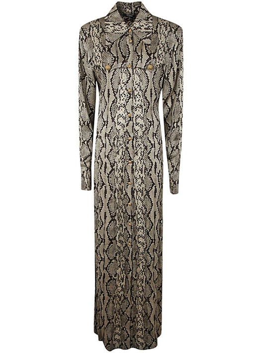 Balmain Long Sleeve Python Satin Long Shirt Dress Clothing